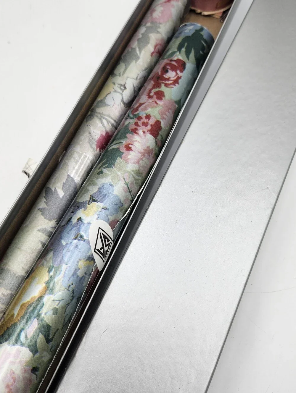 Vintage New Sally FOSTER Silver Floral Roses Wrapping Paper Rolls Card Ribbon